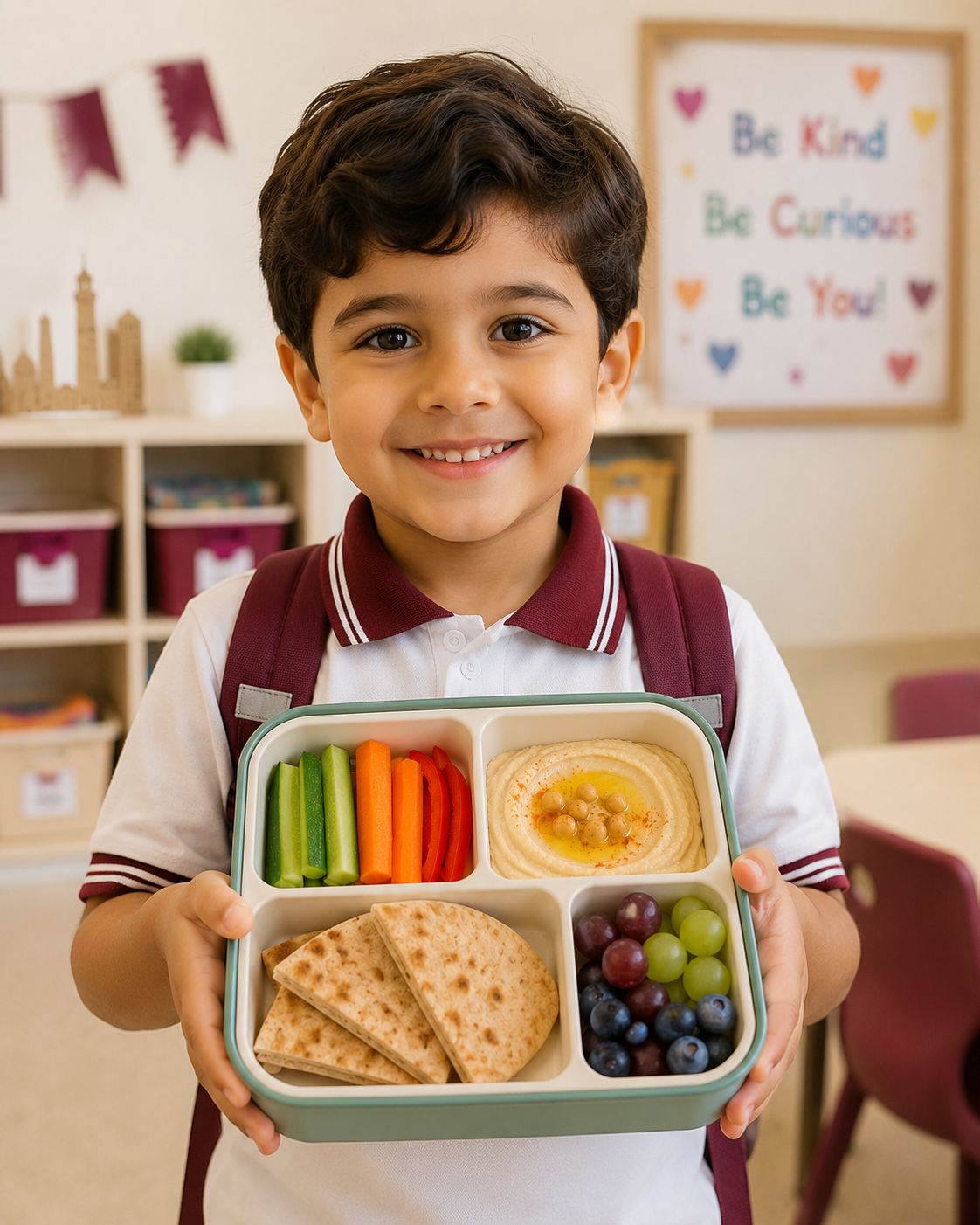 Colourful school lunch ideas for kindergarten children featuring balanced snacks and hydrating fruits in Doha