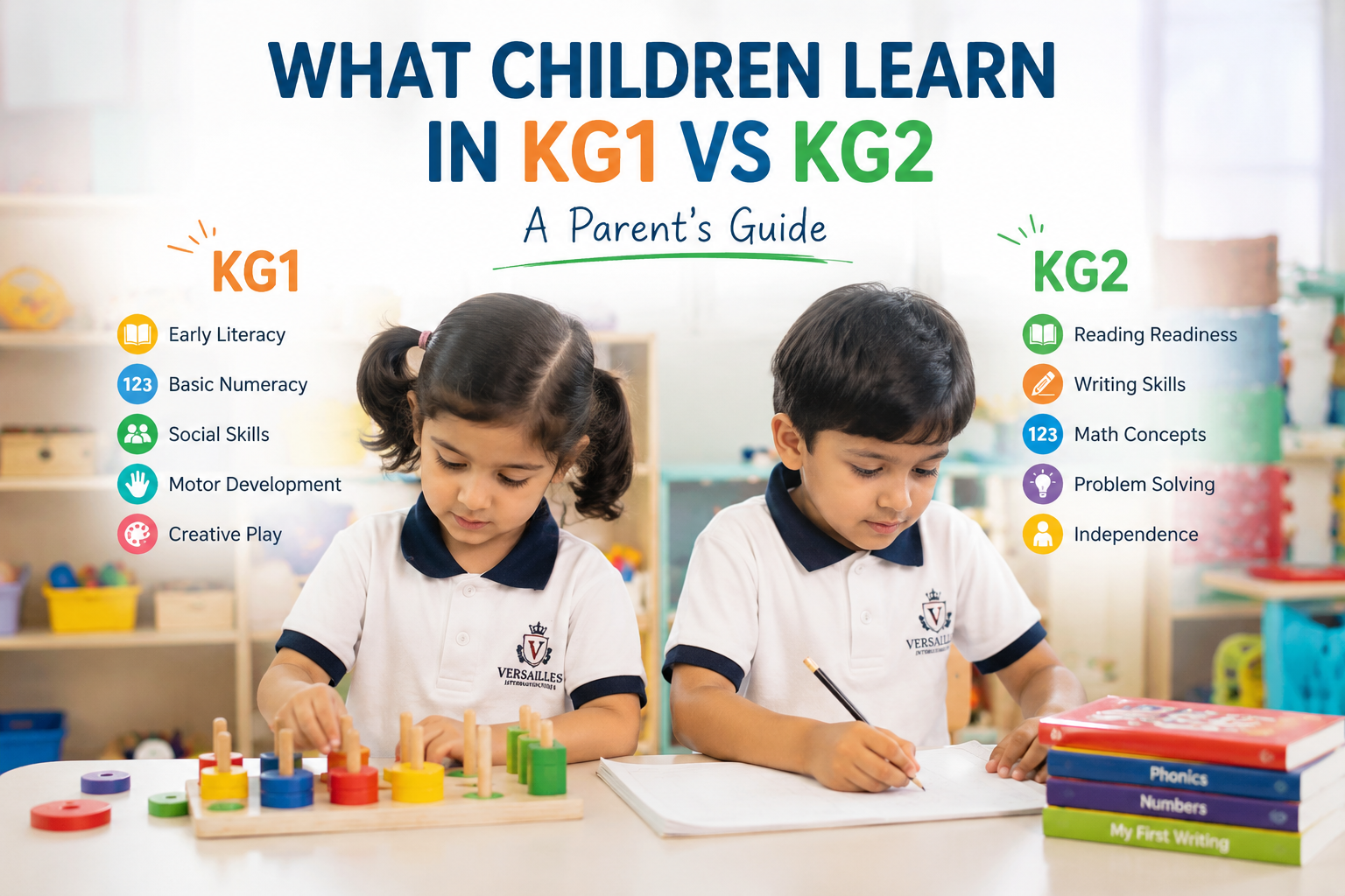 What children learn in KG1 vs KG2 at a kindergarten in Doha, highlighting literacy, mathematics, social skills, and school readiness milestones.
